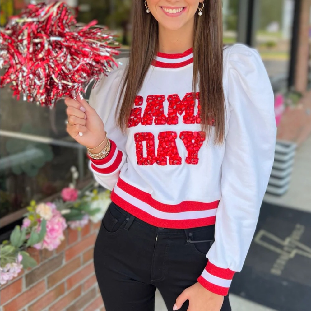 QUEEN OF SPARKLES White & Red "Game Day" Sequin Sweatshirt